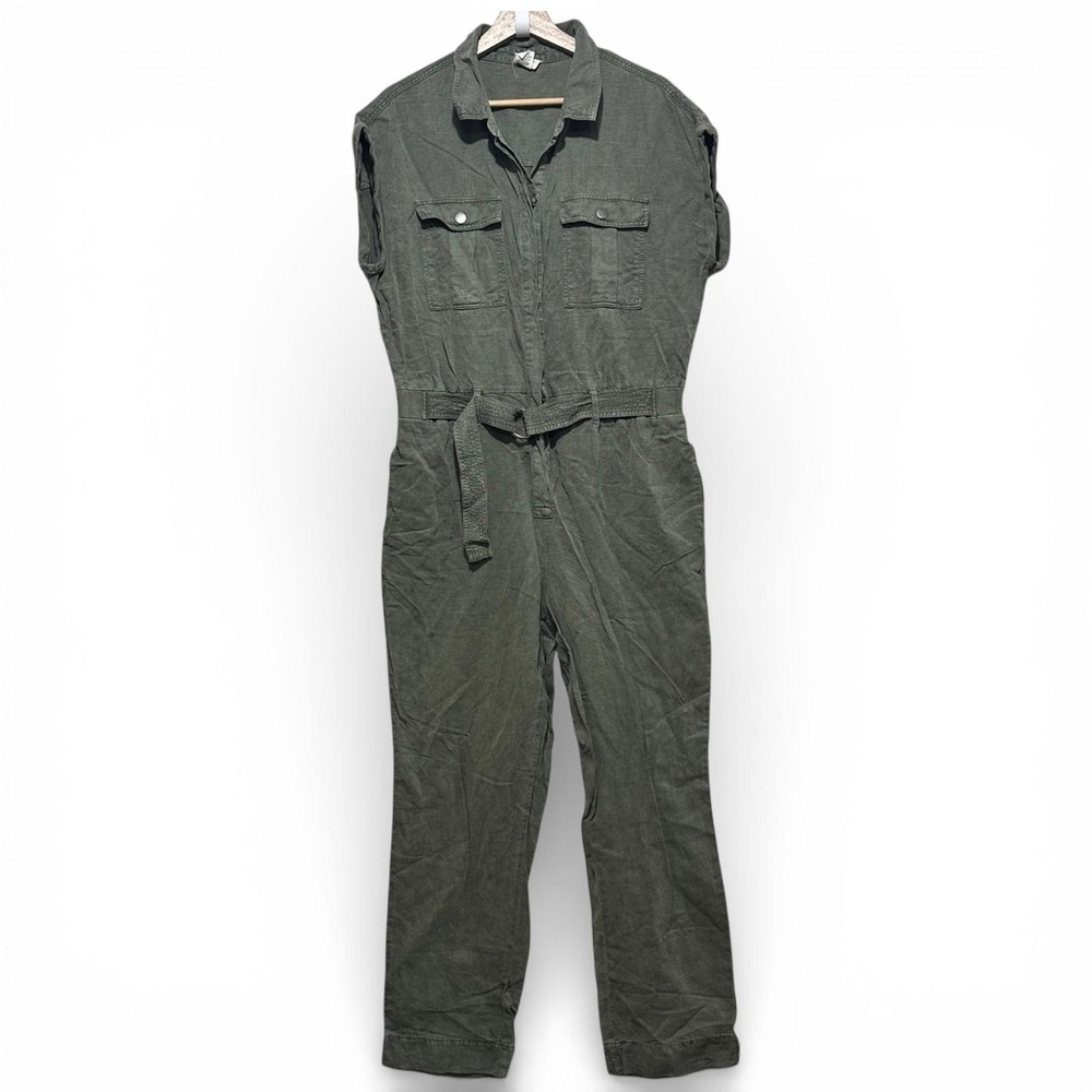 Nicole Miller Womens Green Linen Blend Utility Jumpsuit Sz 10 Flip Front Pockets